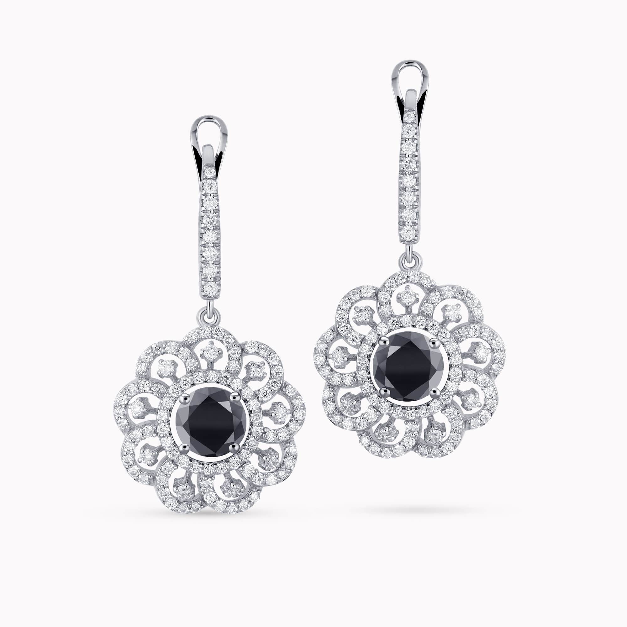 14K White Gold Flower shaped Earrings with 1.30Ct. Center