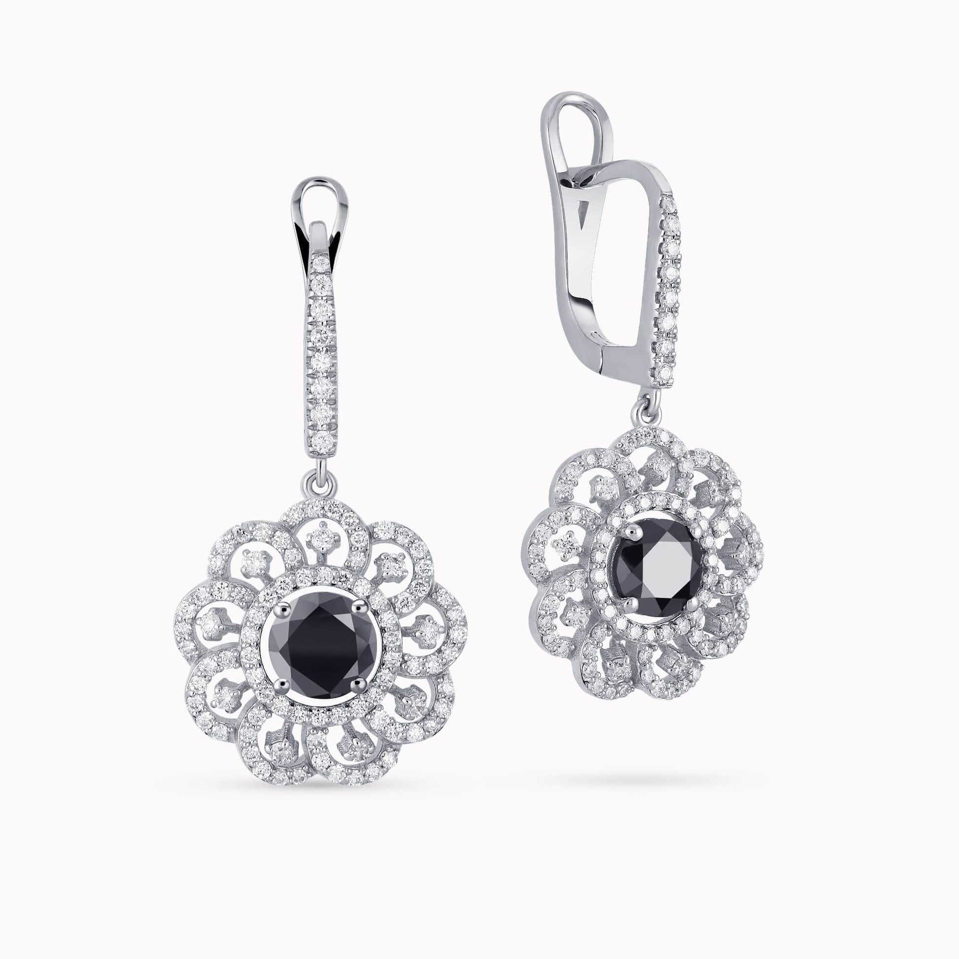 14K White Gold Flower shaped Earrings with 1.30Ct. Center